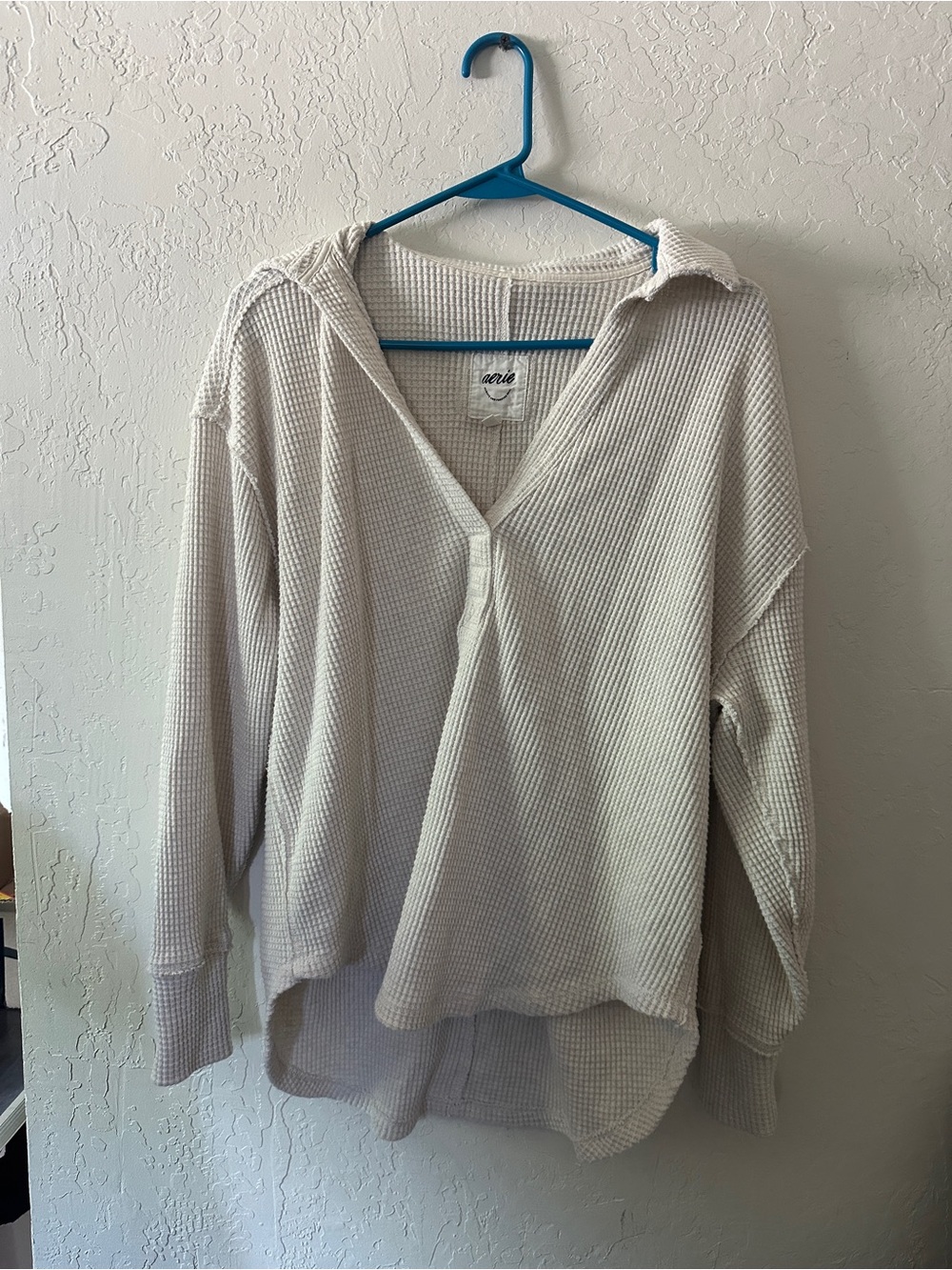 aerie Cream Waffle Knit Henley Pullover